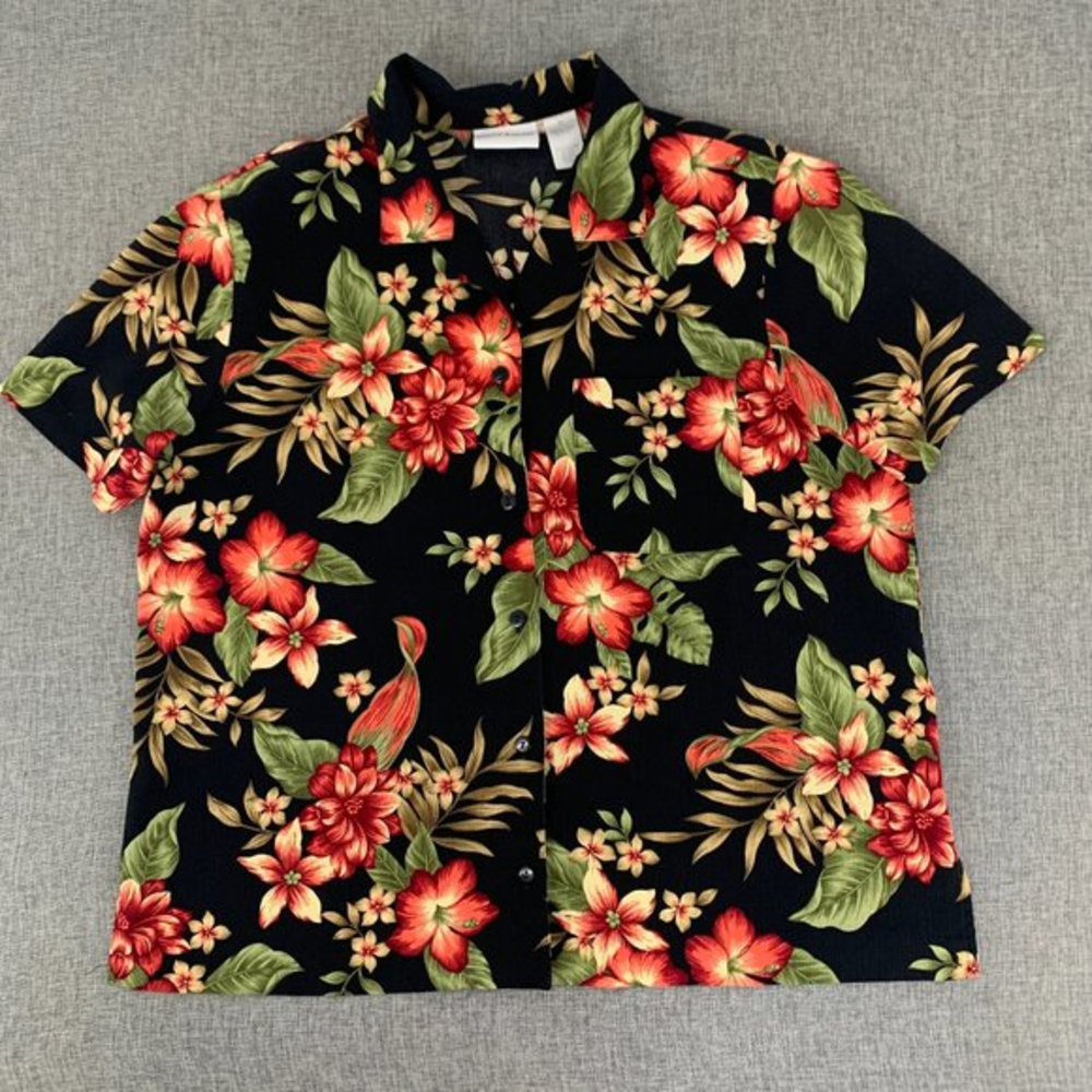 Alfred Dunner Hawaii Tropical Button Down Shirt Shoulder Pads Collared Size 14